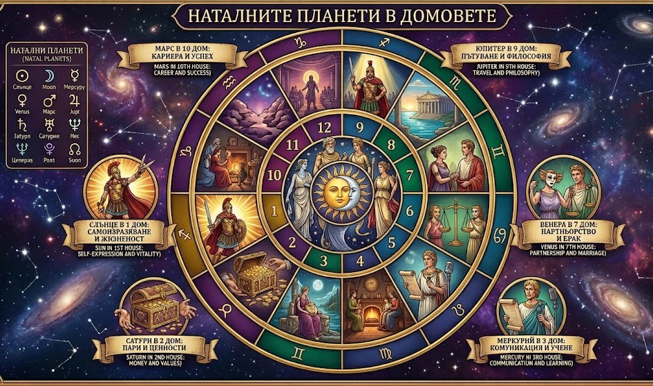 Наталните планети в домовете